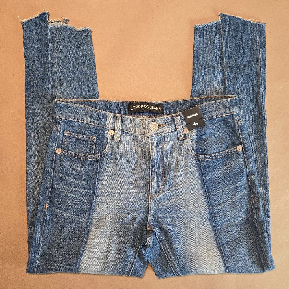 Express Two Tone Raw Hem Mid Rise Girlfriend Jeans